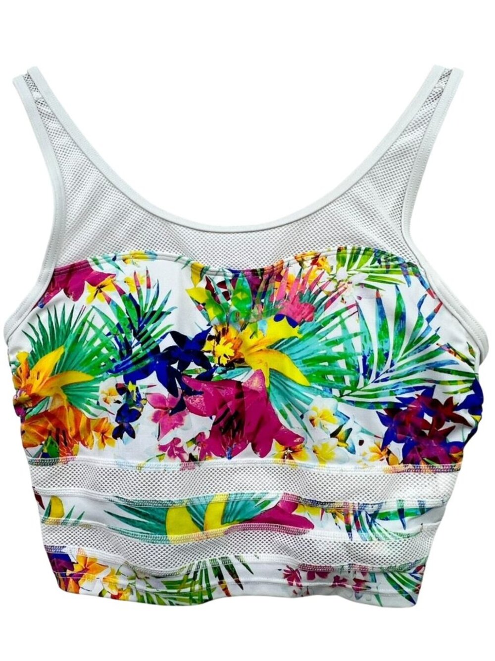 Athleta Women's Mesh Crop Bikini Top Size 34B/C White Multi Tropical Floral